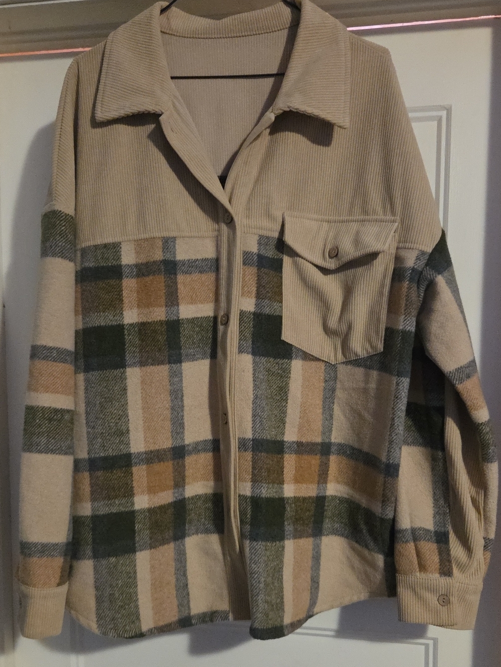 Beige Plaid Utility Shacket with Green and Tan Accents